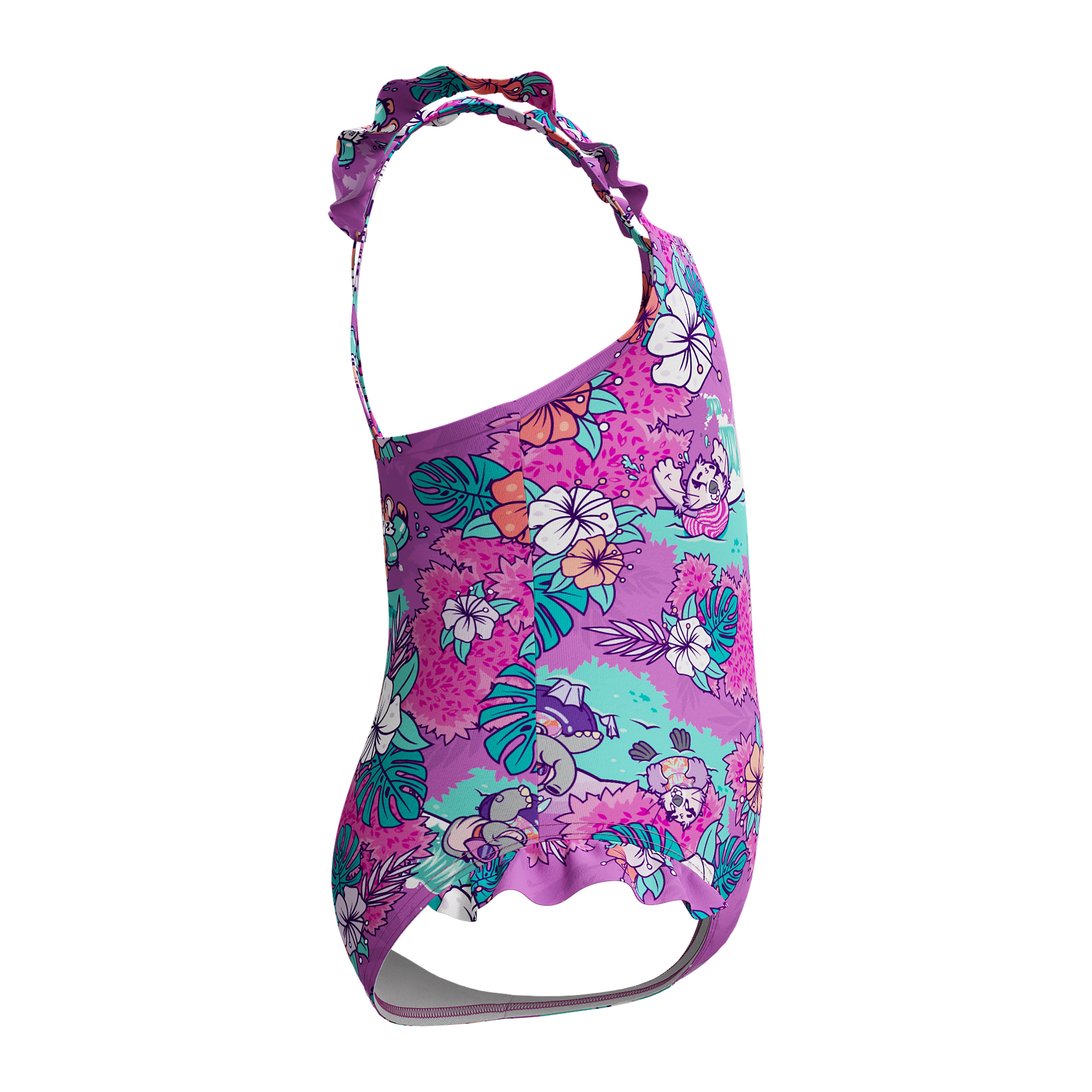 Printed Frill Thinstrap tyttöjen uimapuku, violetti-turkoosi