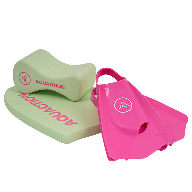 Aquaction tuotepaketti, pinkki - räpylät, uimalauta & uintipullari
