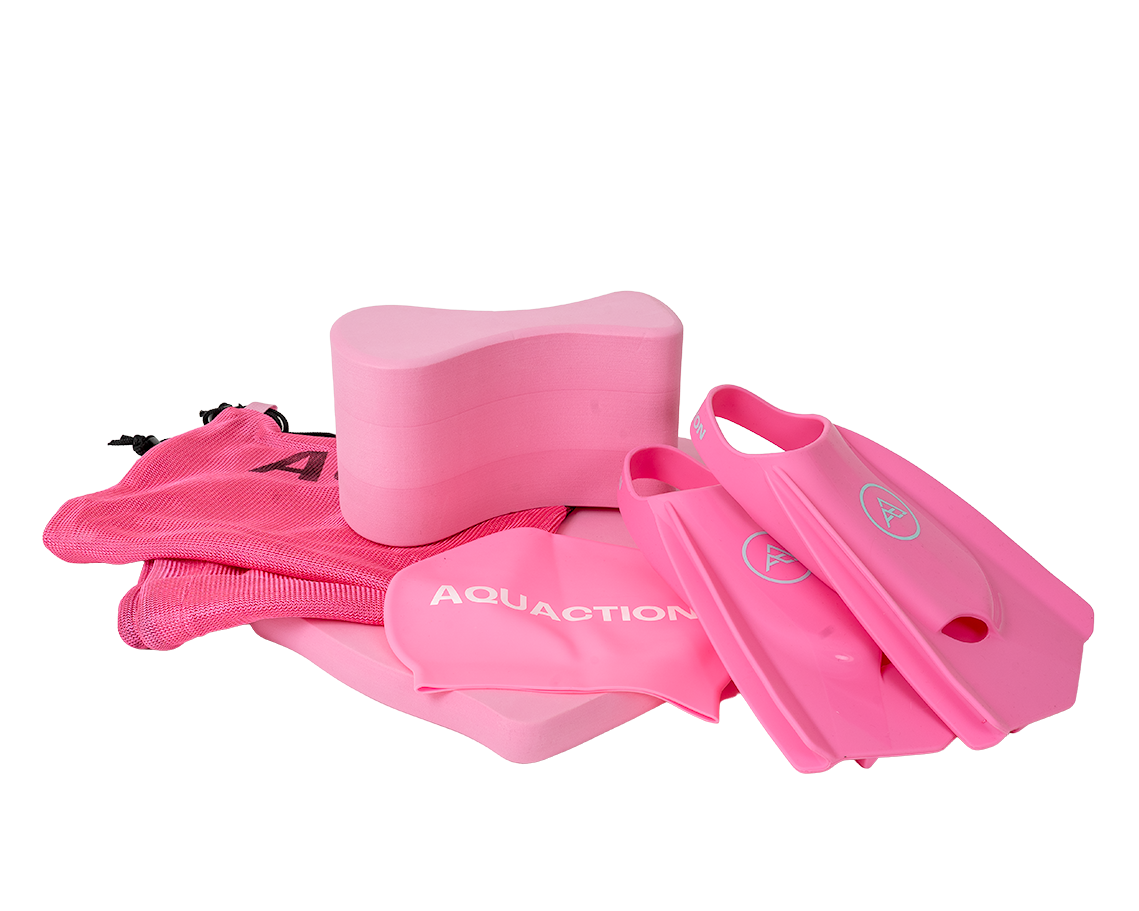 Aquaction tuotepaketti, pinkki - räpylät, uimalauta, pullari, uimalakki & meshbag