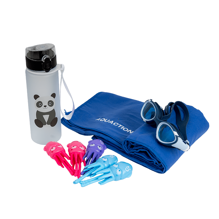 Aquaction lasten tuotepaketti, sininen - AquaJunior uimalasit, juomapullo, sukelluslelu & pyyheAquaction