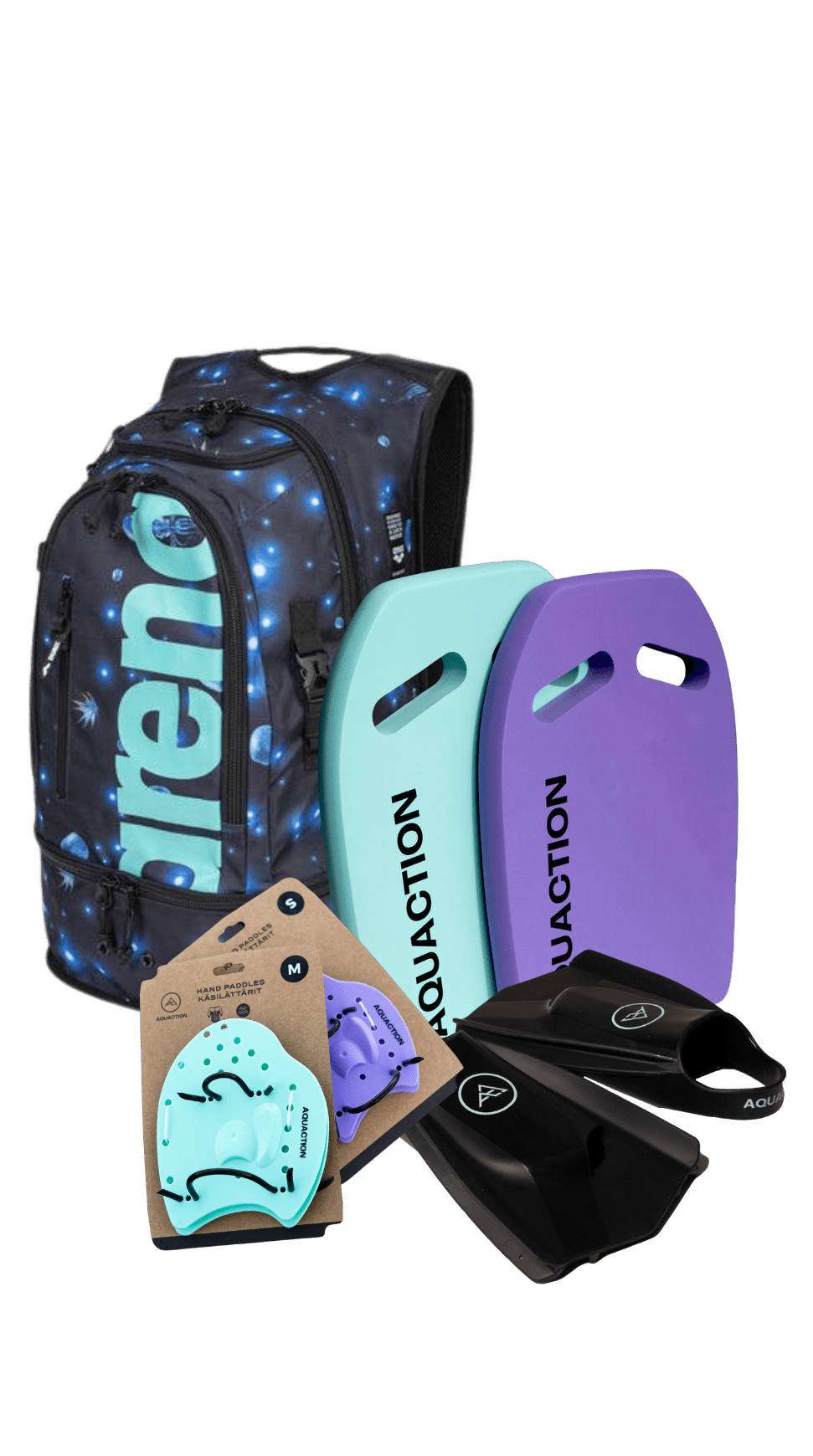 Aquaction reppupaketti - Aquafin uimaräpylät, Aqua Paddle lättärit, Aqua Kickboard 2.0 uimalauta käsiaukoilla & Arena Fastpack 3.0 reppu, Allover AquaAquaction