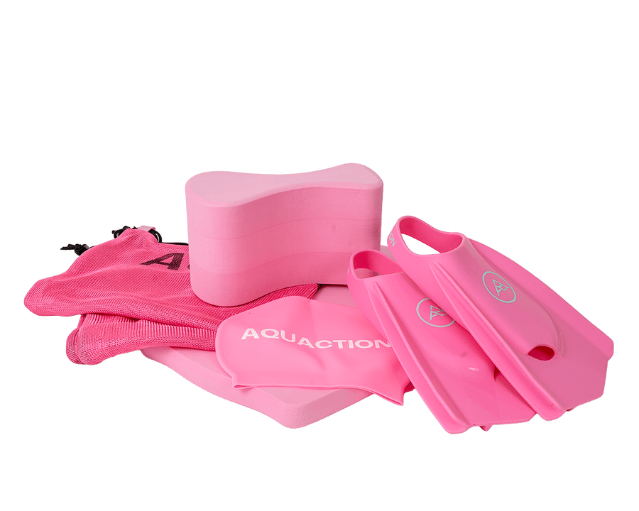 Aquaction tuotepaketti, pinkki - räpylät, uimalauta, pullari, uimalakki & meshbag