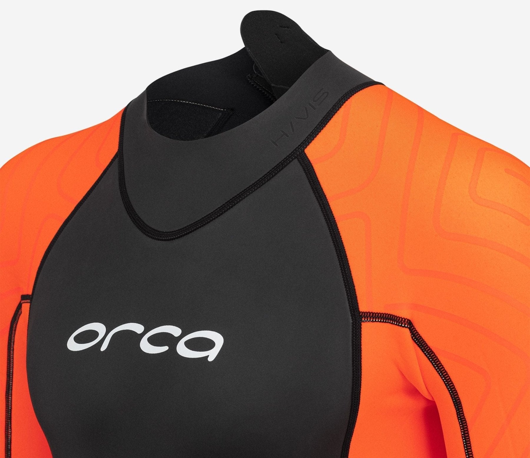 Vitalis Openwater Hi-Vis miesten märkäpuku, oranssit näkyvyyspaneelit lähikuvassa - Orca